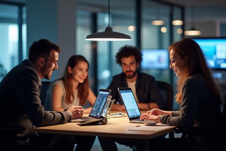 Equipo de desarrolladores móviles colaborando en una oficina moderna.